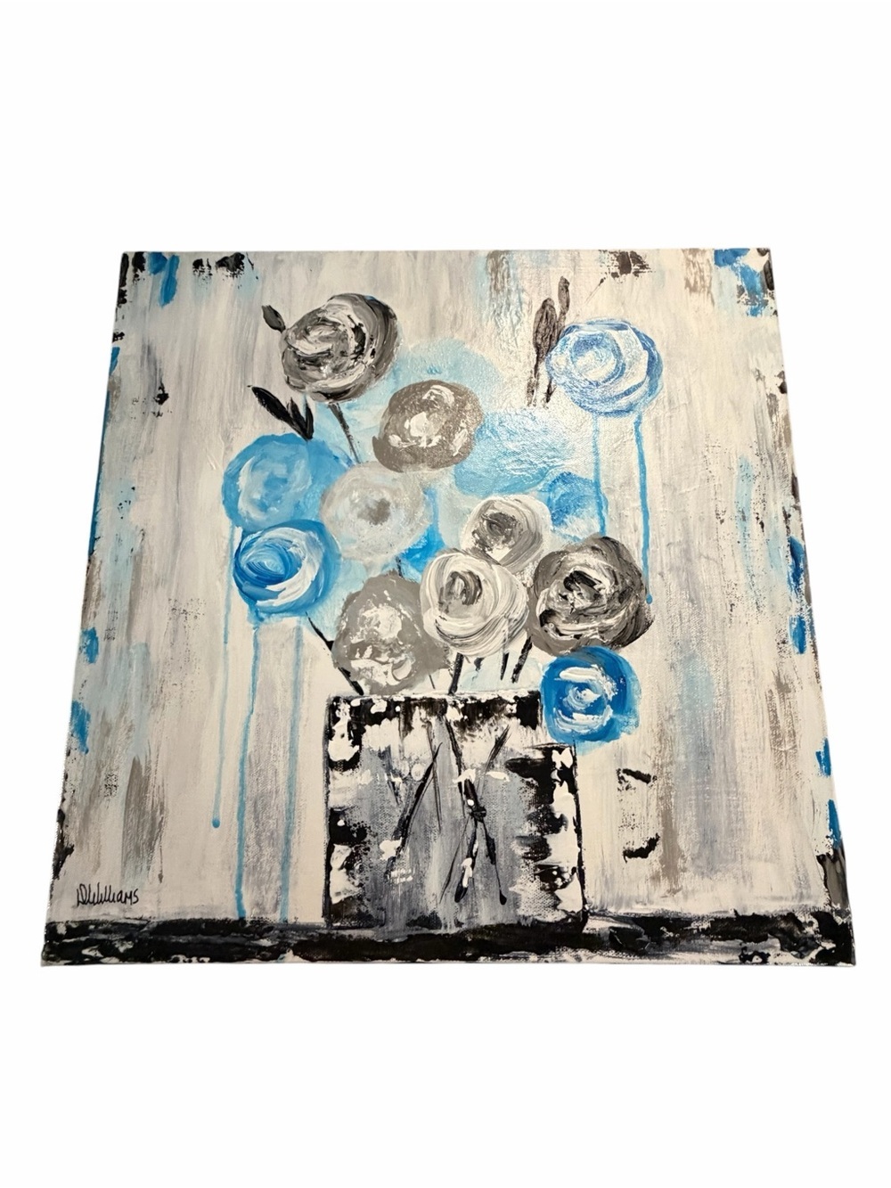 Original Artwork Hand-Painted Blue & Gray Floral Canvas Wall Art - 16x16"